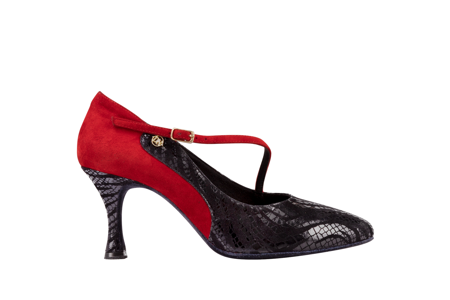 Dance Naturals 91 Zenda Ladies Red Suede/Black Printed Ballroom Dance Shoe with Diagonal Strap