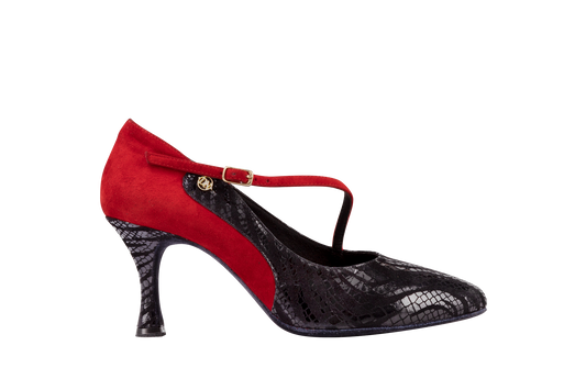 Dance Naturals 91 Zenda Ladies Red Suede/Black Printed Ballroom Dance Shoe with Diagonal Strap