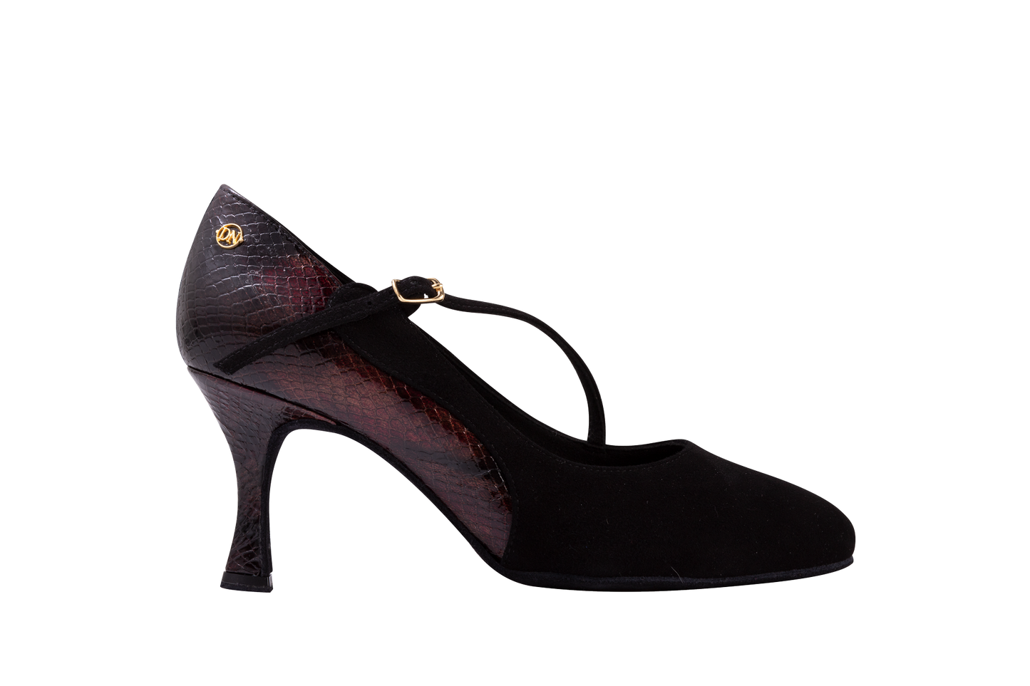 Dance Naturals 91 Zenda Ladies Black Suede and Dark Red Snakeskin Ballroom Dance Shoe with Diagonal Strap