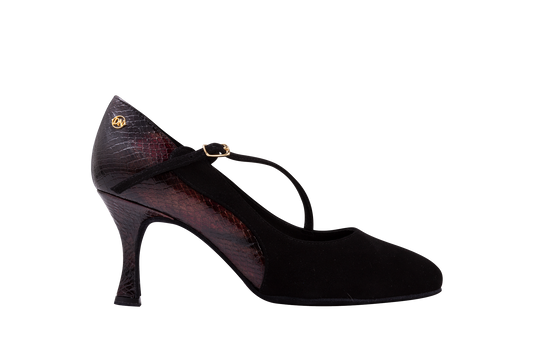 Dance Naturals 91 Zenda Ladies Black Suede and Dark Red Snakeskin Ballroom Dance Shoe with Diagonal Strap