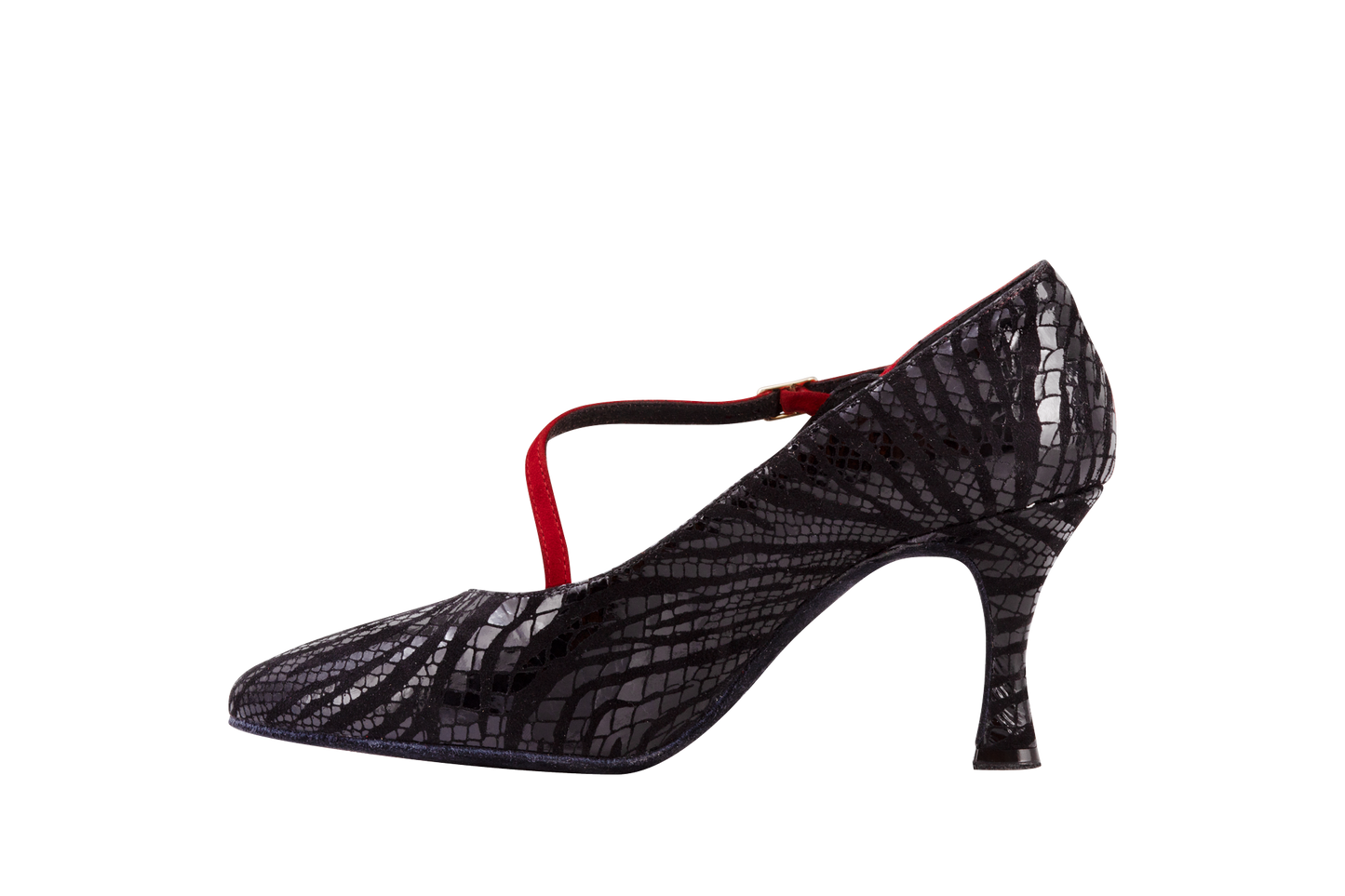 Dance Naturals 91 Zenda Ladies Red Suede/Black Printed Ballroom Dance Shoe with Diagonal Strap