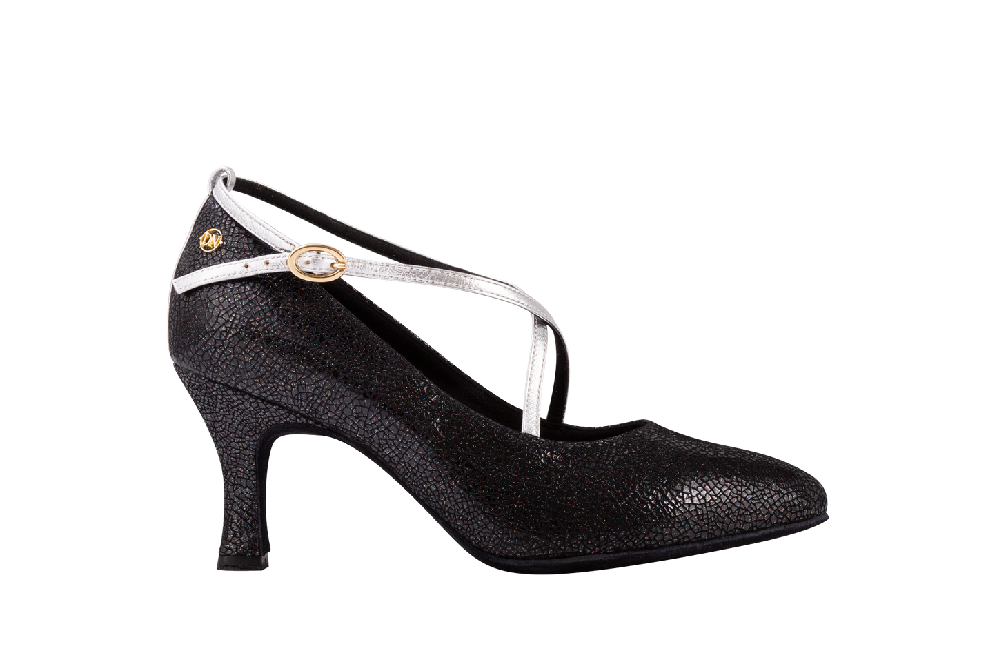 Dance Naturals 96 Isabella Glitter Black Printed Ballroom Dance Shoe with Crossed Silver Leather Straps and Pointed Toe