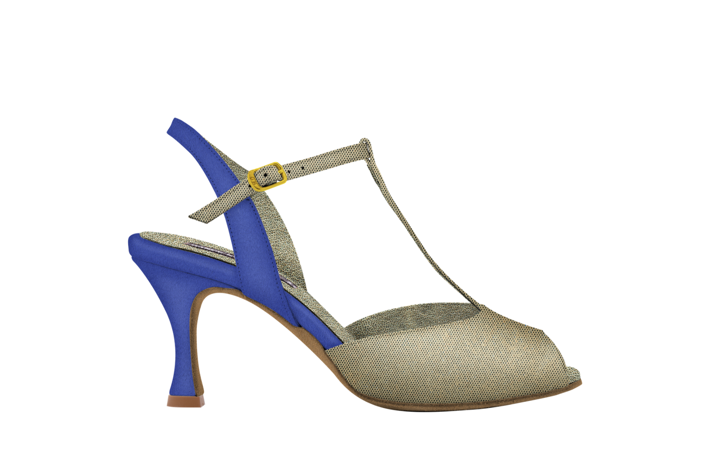 Dance Naturals 26 Vignole Blue Suede and Platinum Fish Open Toe Ladies Tango Dance Shoe with T-Strap and Open Heel
