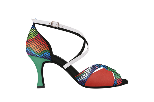 Dance Naturals 71 Mazaneta Multicolor Print Suede Ladies Latin Dance Shoe with Cutouts and Crossed Strap