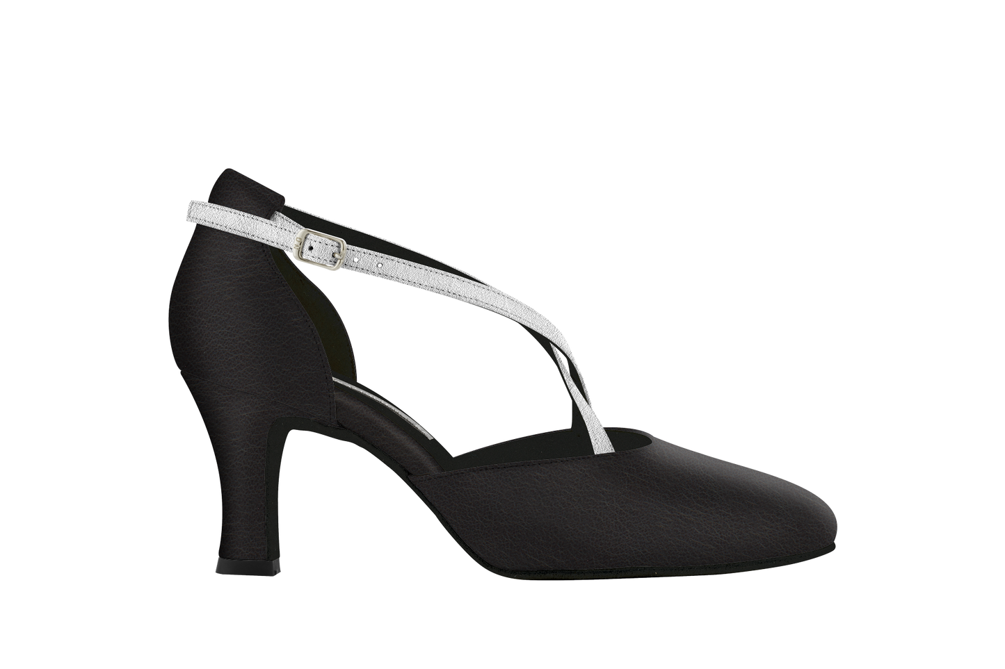 Dance Naturals 726 Accademia Black Leather Round Toe Smooth Ballroom Shoe with Silver Criss-Cross Strap