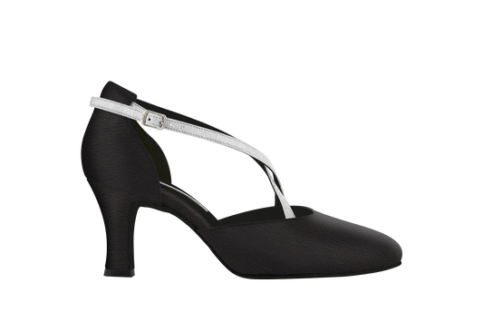 Dance Naturals 726 Accademia Black Leather Round Toe Smooth Ballroom Shoe with Silver Criss-Cross Strap