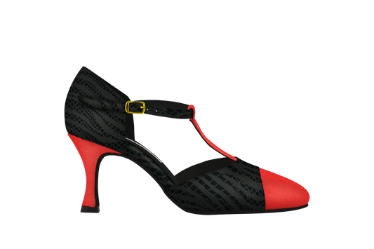 Dance Naturals 730 Marta Red Suede/Black Suede Printed Pointed Toe Ballroom Dance Shoe with T-Bar Strap