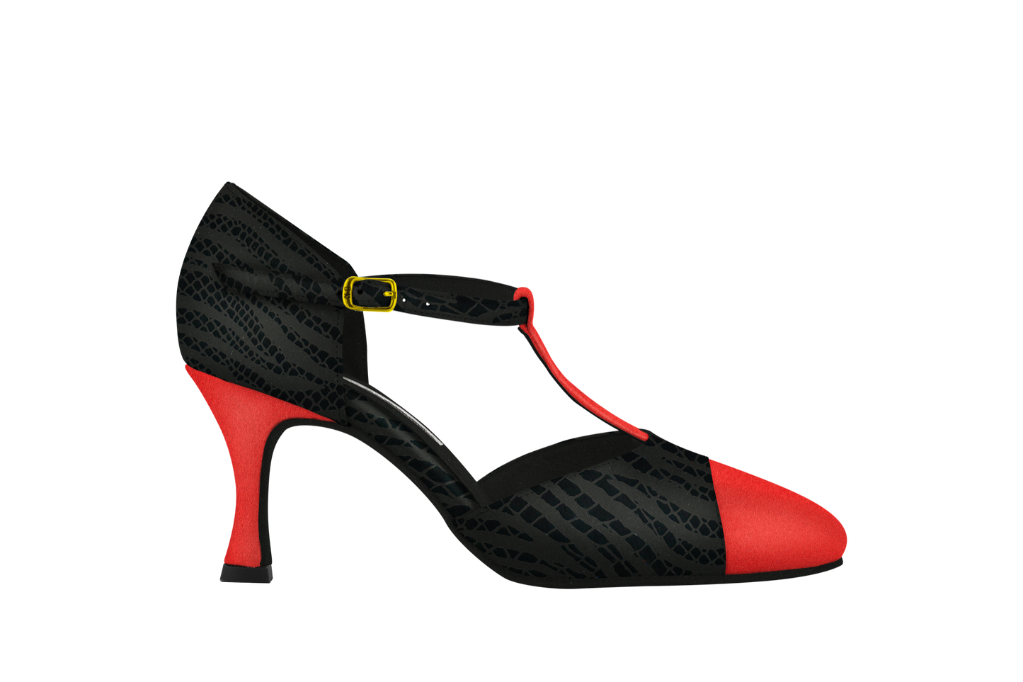 Dance Naturals 730 Marta Red Suede/Black Suede Printed Pointed Toe Ballroom Dance Shoe with T-Bar Strap