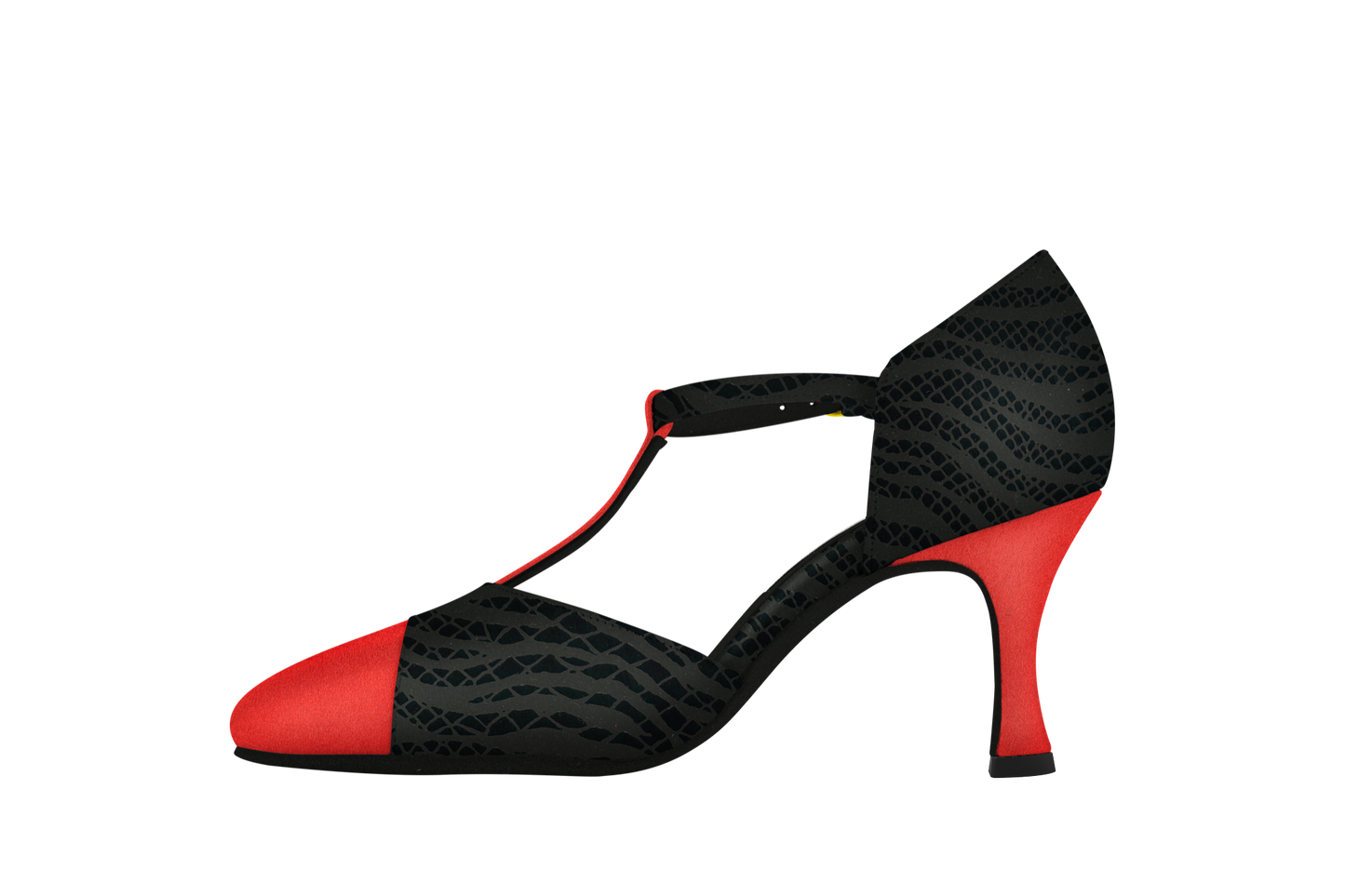 Dance Naturals 730 Marta Red Suede/Black Suede Printed Pointed Toe Ballroom Dance Shoe with T-Bar Strap