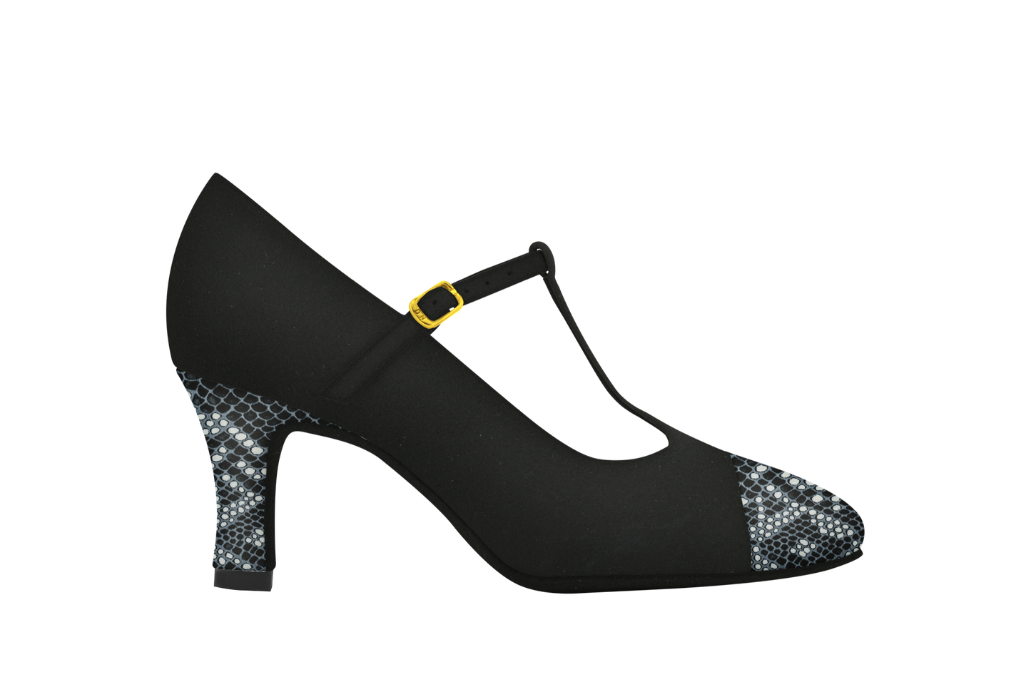 Dance Naturals 732 Carnevale Black and White Printed Python/Black Suede Ballroom Dance Shoe with Rounded Toe and T-Strap