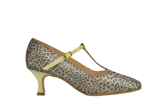 Dance Naturals 733 Mascaretta Leopard Print and Platinum Leather Dance Shoe with T-Bar Strap and Rounded Toe