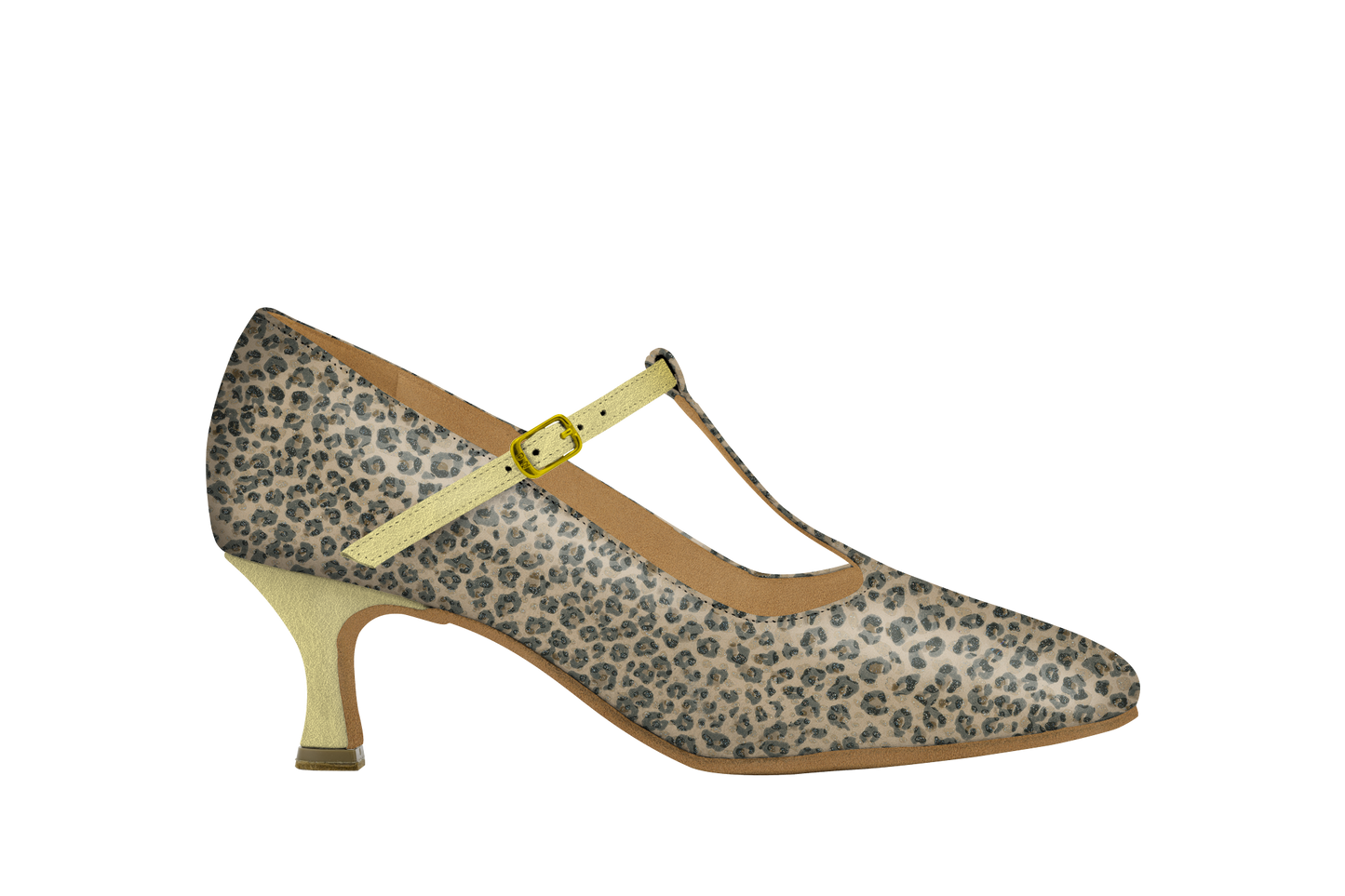 Dance Naturals 733 Mascaretta Leopard Print and Platinum Leather Dance Shoe with T-Bar Strap and Rounded Toe