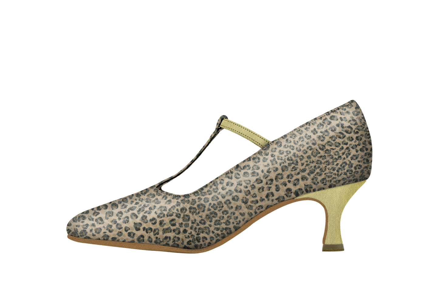 Dance Naturals 733 Mascaretta Leopard Print and Platinum Leather Dance Shoe with T-Bar Strap and Rounded Toe