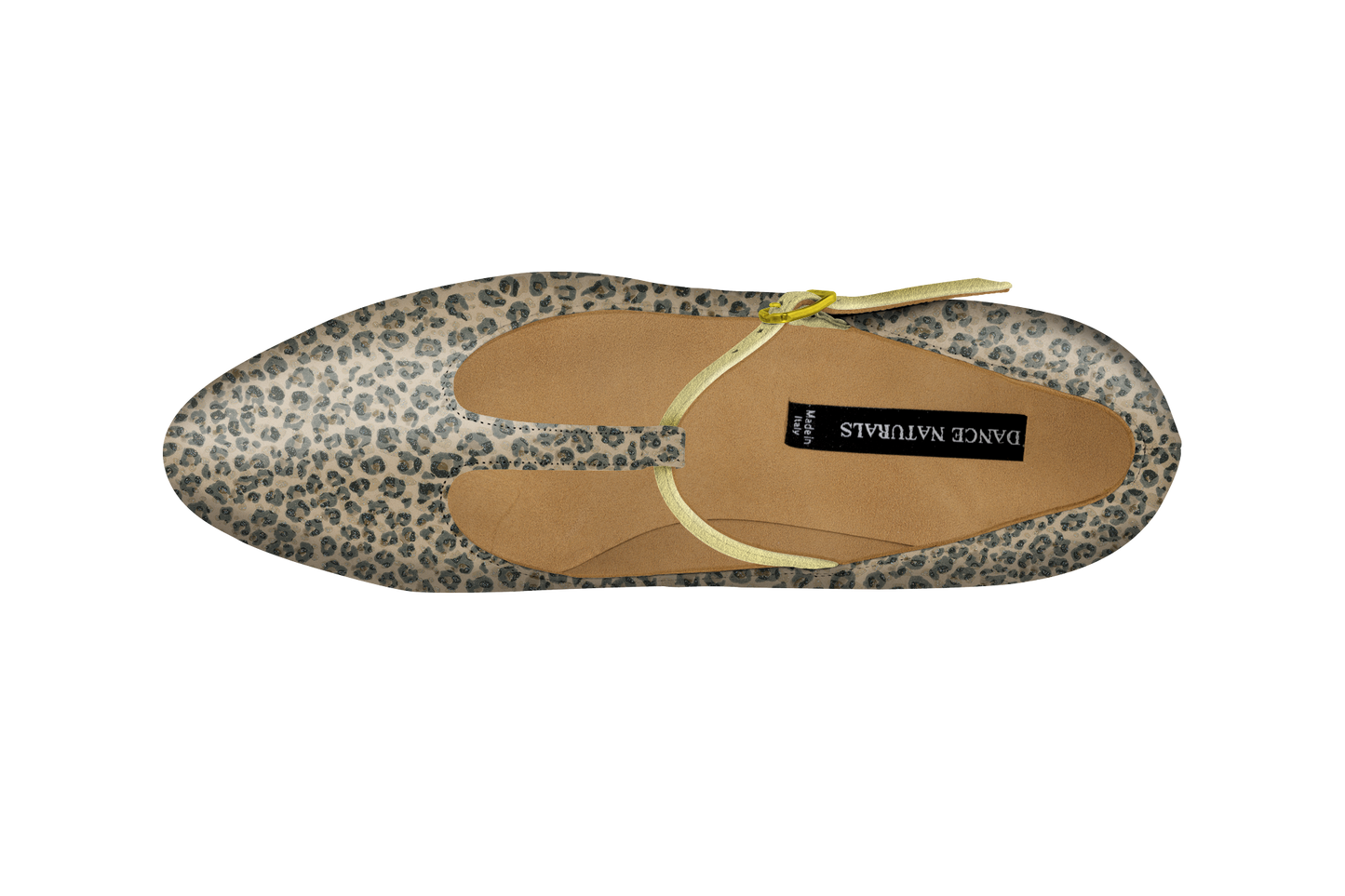 Dance Naturals 733 Mascaretta Leopard Print and Platinum Leather Dance Shoe with T-Bar Strap and Rounded Toe