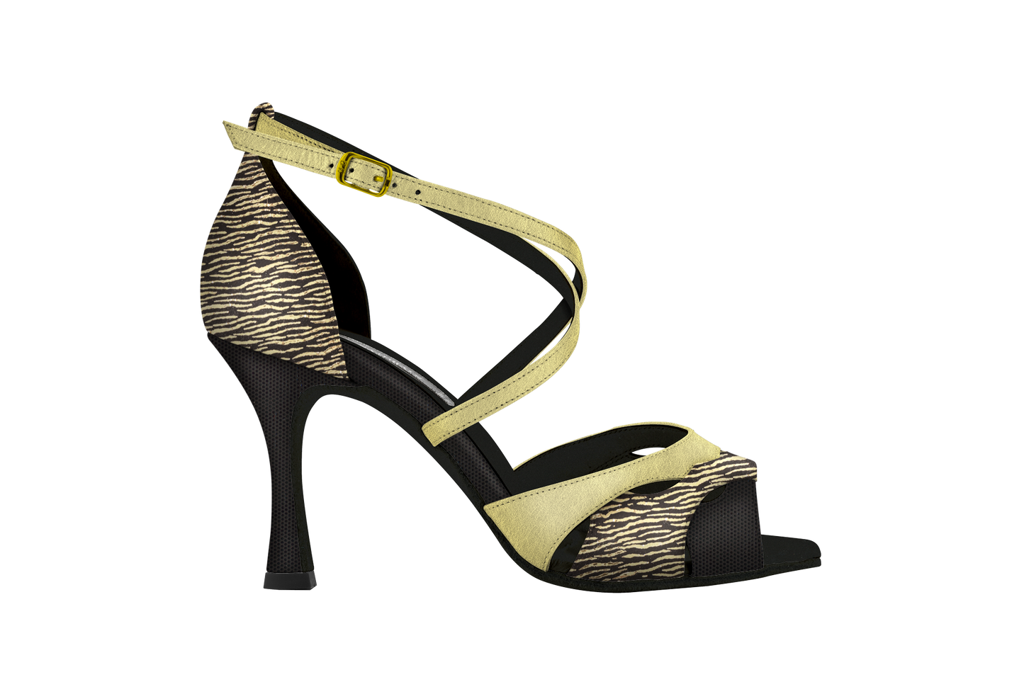 Dance Naturals 73 Celestia Gold Zebra Print and Black Ladies Tango Dance Shoe with Cutouts and Crossed Strap