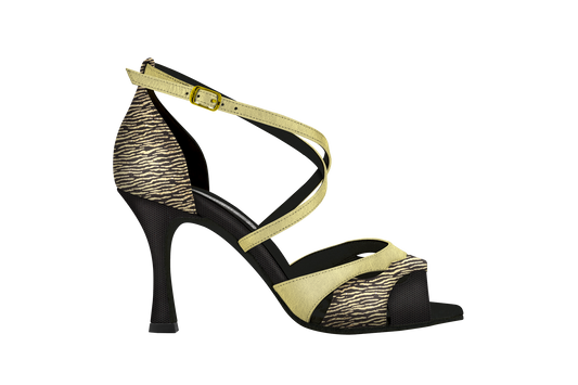 Dance Naturals 73 Celestia Gold Zebra Print and Black Ladies Tango Dance Shoe with Cutouts and Crossed Strap