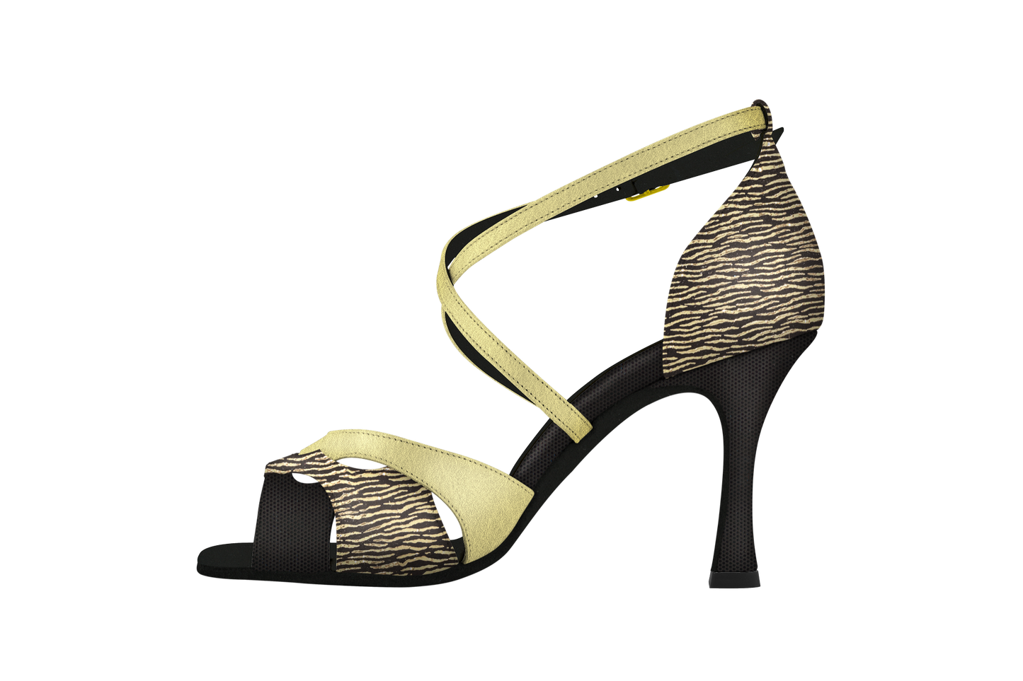 Dance Naturals 73 Celestia Gold Zebra Print and Black Ladies Tango Dance Shoe with Cutouts and Crossed Strap