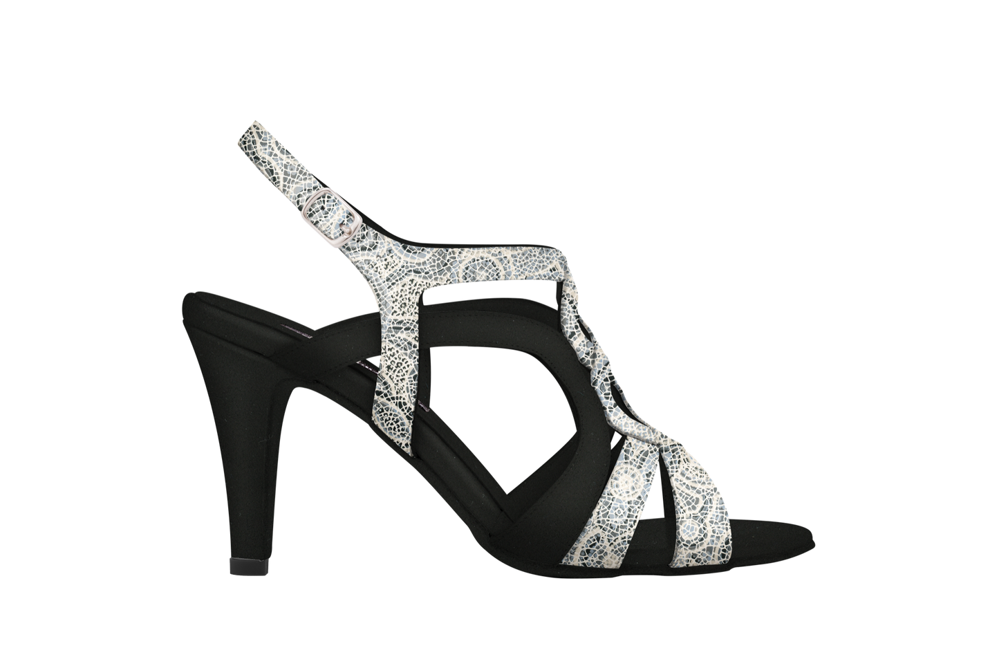 Dance Naturals 86 Bussola Black Suede and Black/Silver Egypt Print Ladies Open Toe Tango Dance Shoe