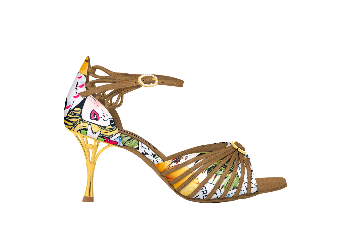 Dance Naturals 885 Venezia Comics Print Latin Dance Shoe with Decorative Strap, Swarovski Crystal Buckle, and Gold Metal Heel