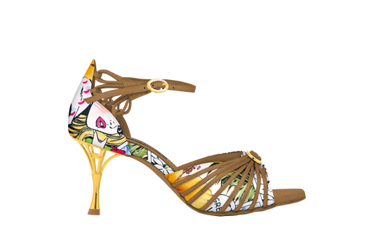 Dance Naturals 885 Venezia Comics Print Latin Dance Shoe with Decorative Strap, Swarovski Crystal Buckle, and Gold Metal Heel