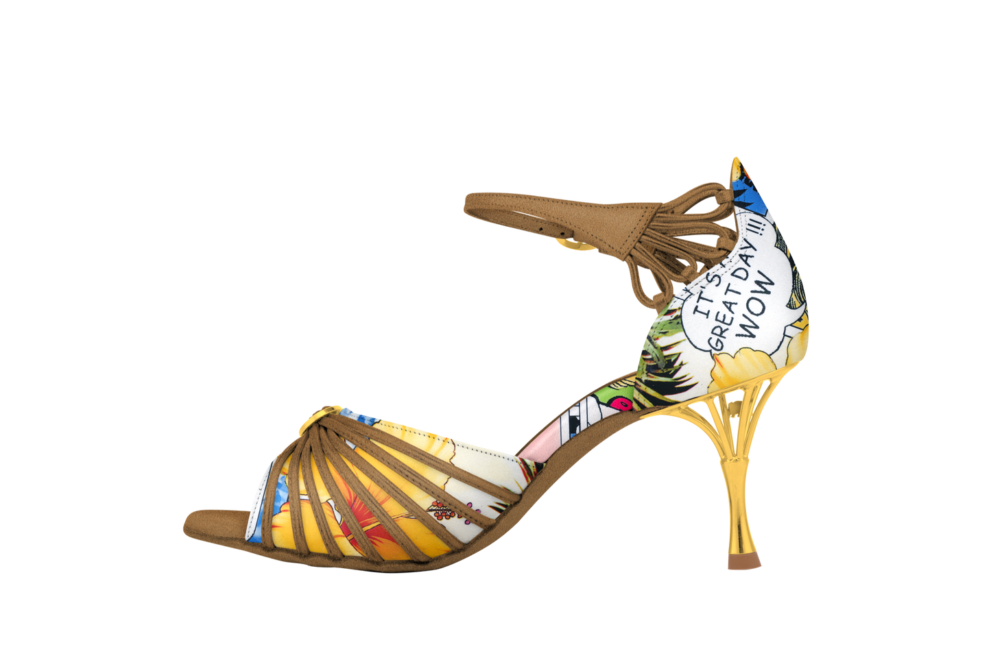 Dance Naturals 885 Venezia Comics Print Latin Dance Shoe with Decorative Strap, Swarovski Crystal Buckle, and Gold Metal Heel