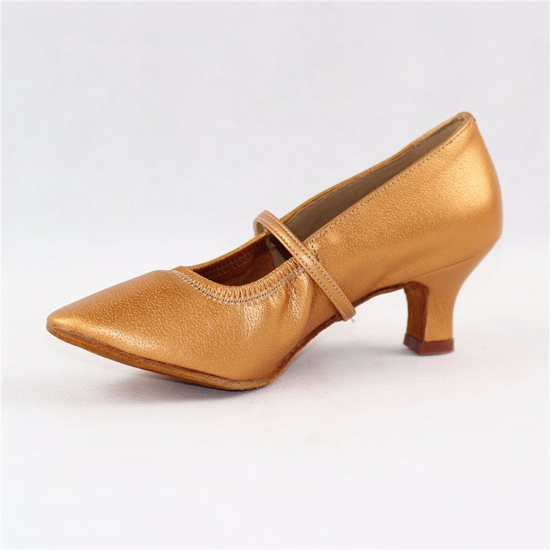 BD Dance 125_SALE Ladies Ballroom Dance Shoe in Gold Leather with Elasticized Throat
