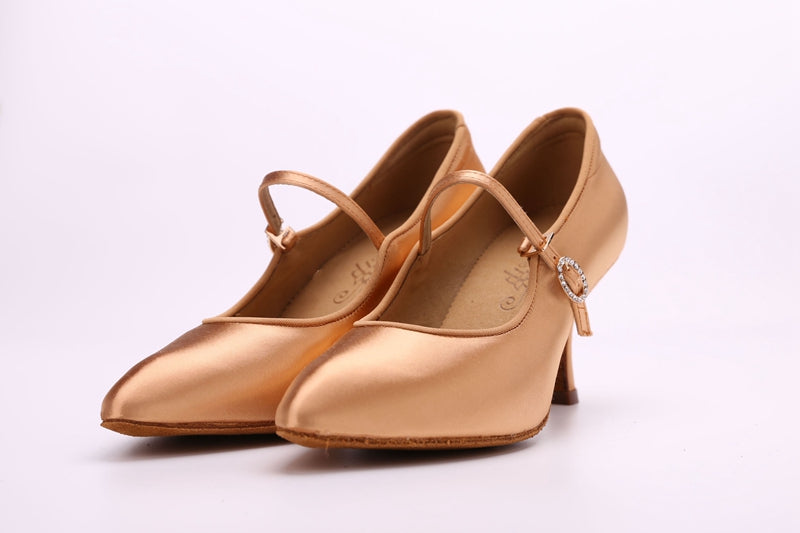 BD137_in Tan Satin Standard Ballroom Dance Shoes with Rhinestone Slip Clasp 2 Inch Heel Height