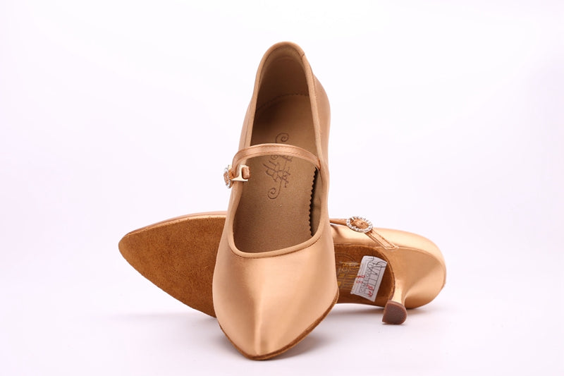 BD137_SALE Tan Satin Standard Ballroom Dance Shoes with Rhinestone Slip Clasp 2 Inch Heel Height