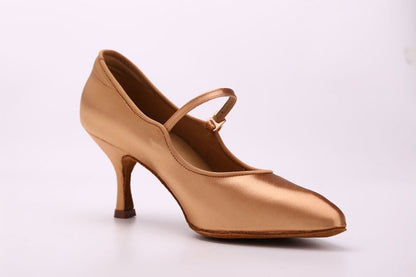 BD 137_SALE Tan Satin Standard Ballroom Dance Shoes with Rhinestone Slip Clasp 2 Inch Heel Height
