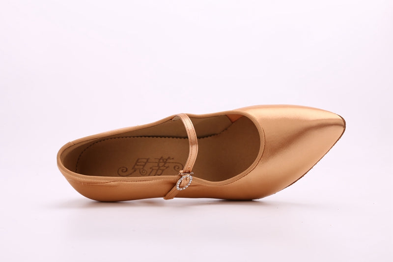 BD137_SALE Tan Satin Standard Ballroom Dance Shoes with Rhinestone Slip Clasp 2 Inch Heel Height