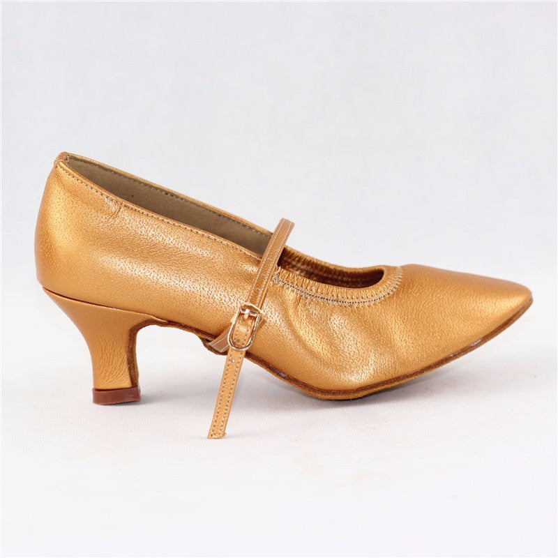 BD Dance 125_SALE Ladies Ballroom Dance Shoe in Gold Leather with Elasticized Throat