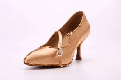 BD 137_SALE Tan Satin Standard Ballroom Dance Shoes with Rhinestone Slip Clasp 2 Inch Heel Height