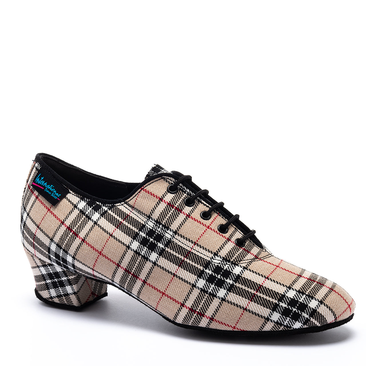International Dance Shoes IDS Heather Full-Sole Beige Check Teaching and Practice Shoe in Plaid Pattern