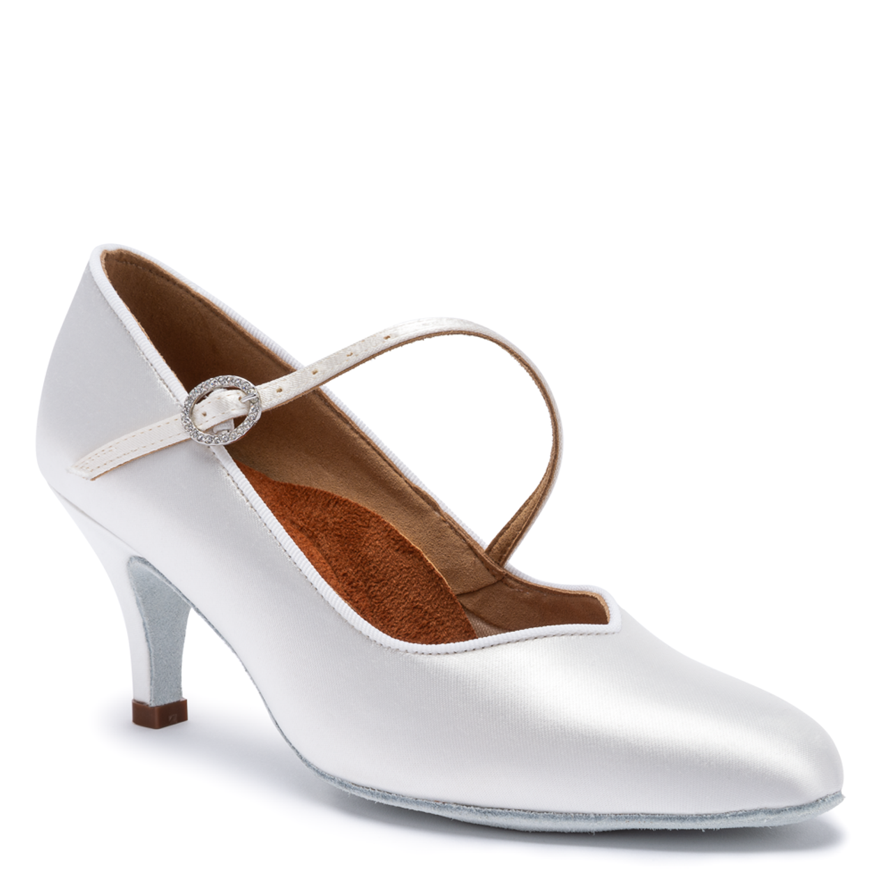 International Dance Shoes ICS Vista SingleStrap Ladies White Satin Standard Ballroom Shoe with Round Toe, V-Cut Upper, and Diagonal Strap