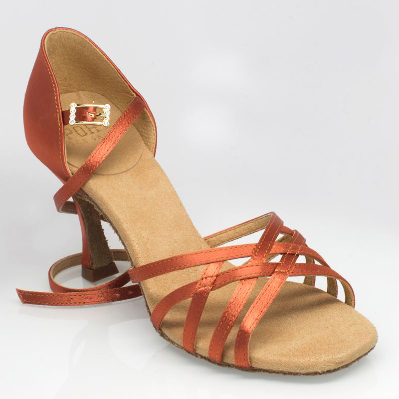 Ray Rose Square Toe Dark Tan Satin Ladies Latin Shoe with Five Strap Vamp Kalahari H860-X_in