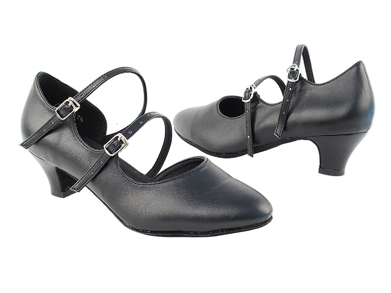 Very Fine PP201 Black Leather Ladies Ballroom Dance Shoe with Double Strap and Cuban Heel