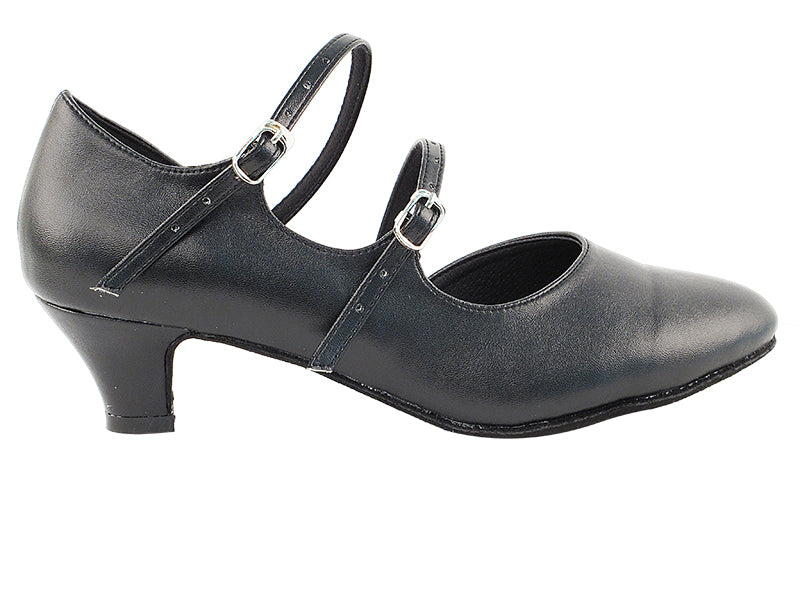 Very Fine PP201 Black Leather Ladies Ballroom Dance Shoe with Double Strap and Cuban Heel