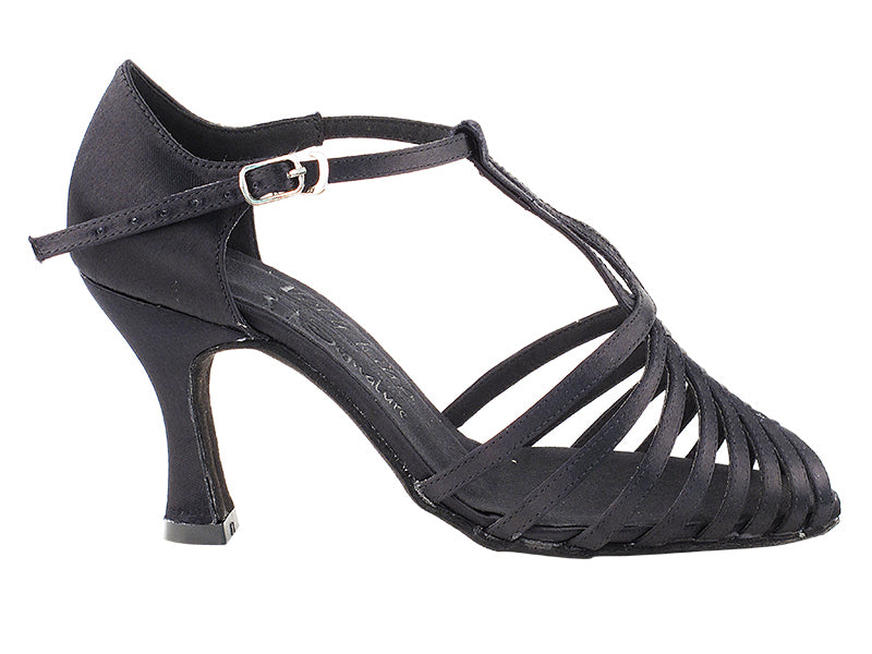Very Fine S9177 Ballroom Smooth Black Satin T-Strap Available in 2.5" and 3" Heel