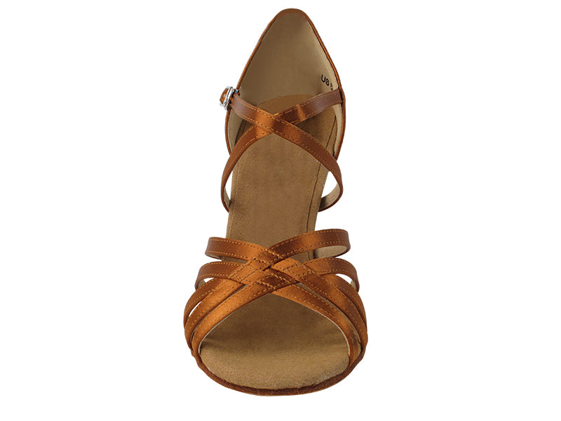 Very Fine Copper Tan Satin Ladies Latin Dance Shoe with Cross Ankle Strap S9216_SALE