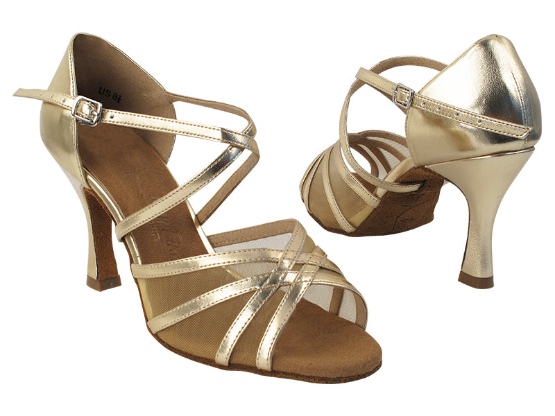 Very Fine SERA1605 Gold Leather & Flesh Mesh Ladies Latin Dance Shoe with Cross Ankle Strap and 3" Flare Heel
