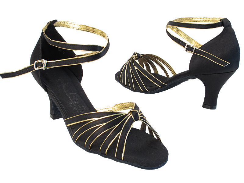 Very Fine SERA7043 Black Satin & Gold Trim Cuban Heel Ladies Latin Dance Shoe