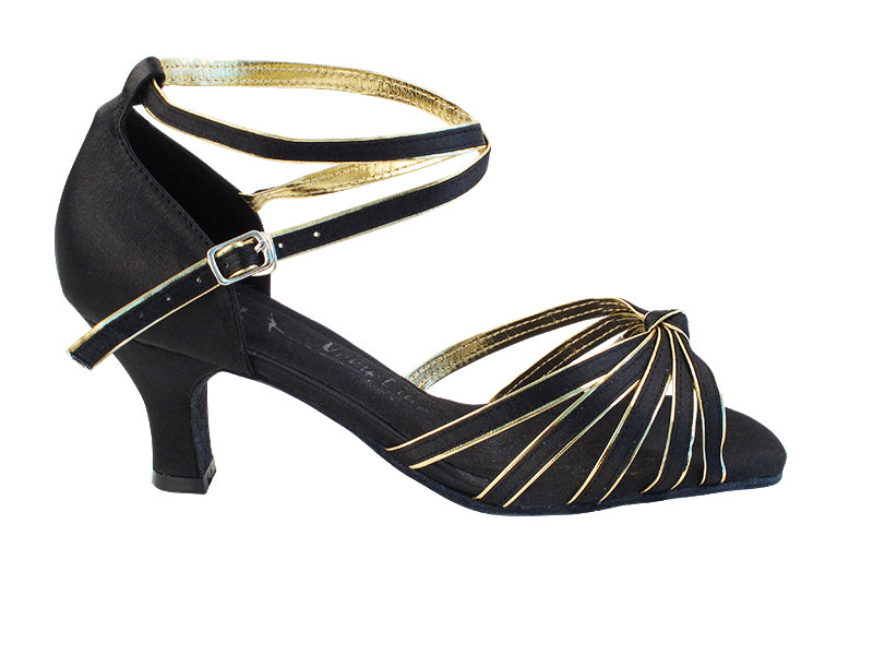 Very Fine SERA7043 Black Satin & Gold Trim Cuban Heel Ladies Latin Dance Shoe