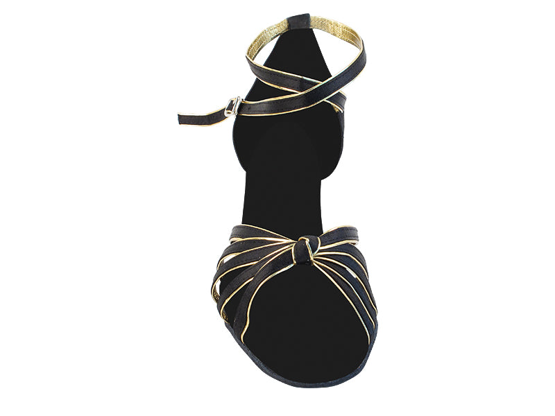 Very Fine SERA7043 Black Satin & Gold Trim Cuban Heel Ladies Latin Dance Shoe
