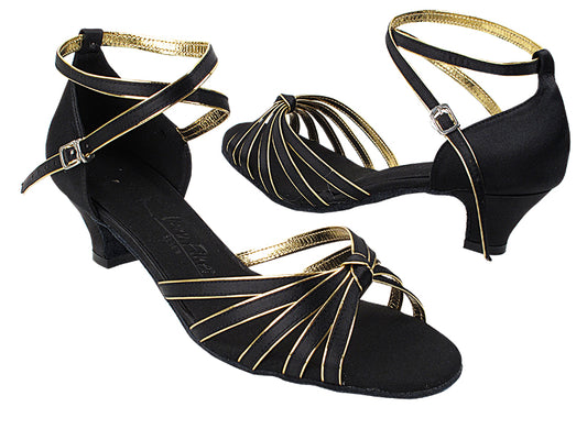 Very Fine SERA7043 Black Satin & Gold Trim Cuban Heel Ladies Latin Dance Shoe