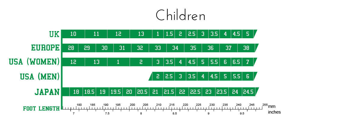 Ray Rose Shoe chart for children with Uk, EUR, USA, and Japan shoe sizes compared