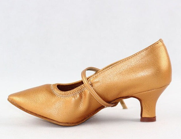 BD Dance 125_SALE Ladies Ballroom Dance Shoe in Gold Leather with Elasticized Throat
