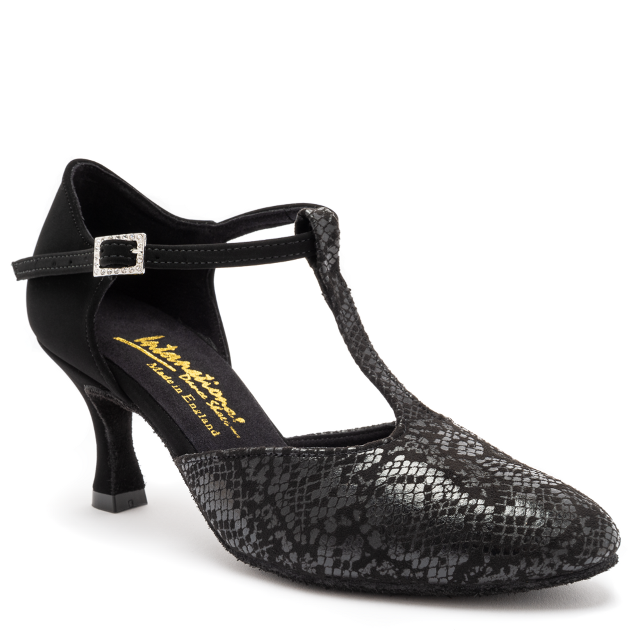 International Dance Shoes IDS Zoe Ladies Black Nubuck/Black Snake Smooth Ballroom Dance Shoe with T-Bar