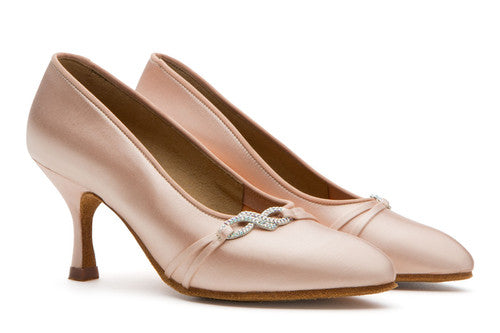 BD Dance 178 Ladies Tan Satin Ballroom Dance Shoe with Infinity Diamanté Design