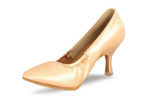 BD Dance 107 Ladies Tan Satin Ballroom Dance Shoe with Elasticized Throat