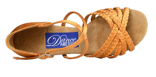 Dance America Miami Ladies Dark Tan Satin Latin Dance Shoe with Braided Strapping